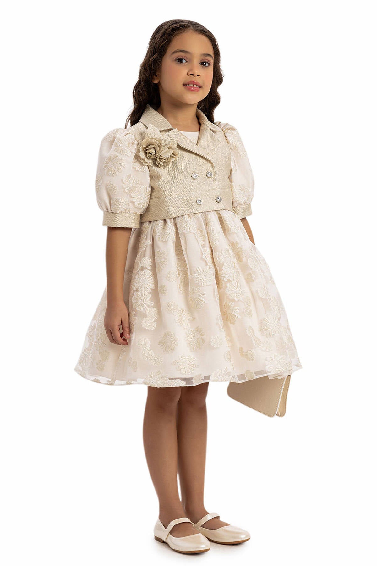 Beige Dress With Short Sleeve Bolero And Bag 3-7 Age 35369pr