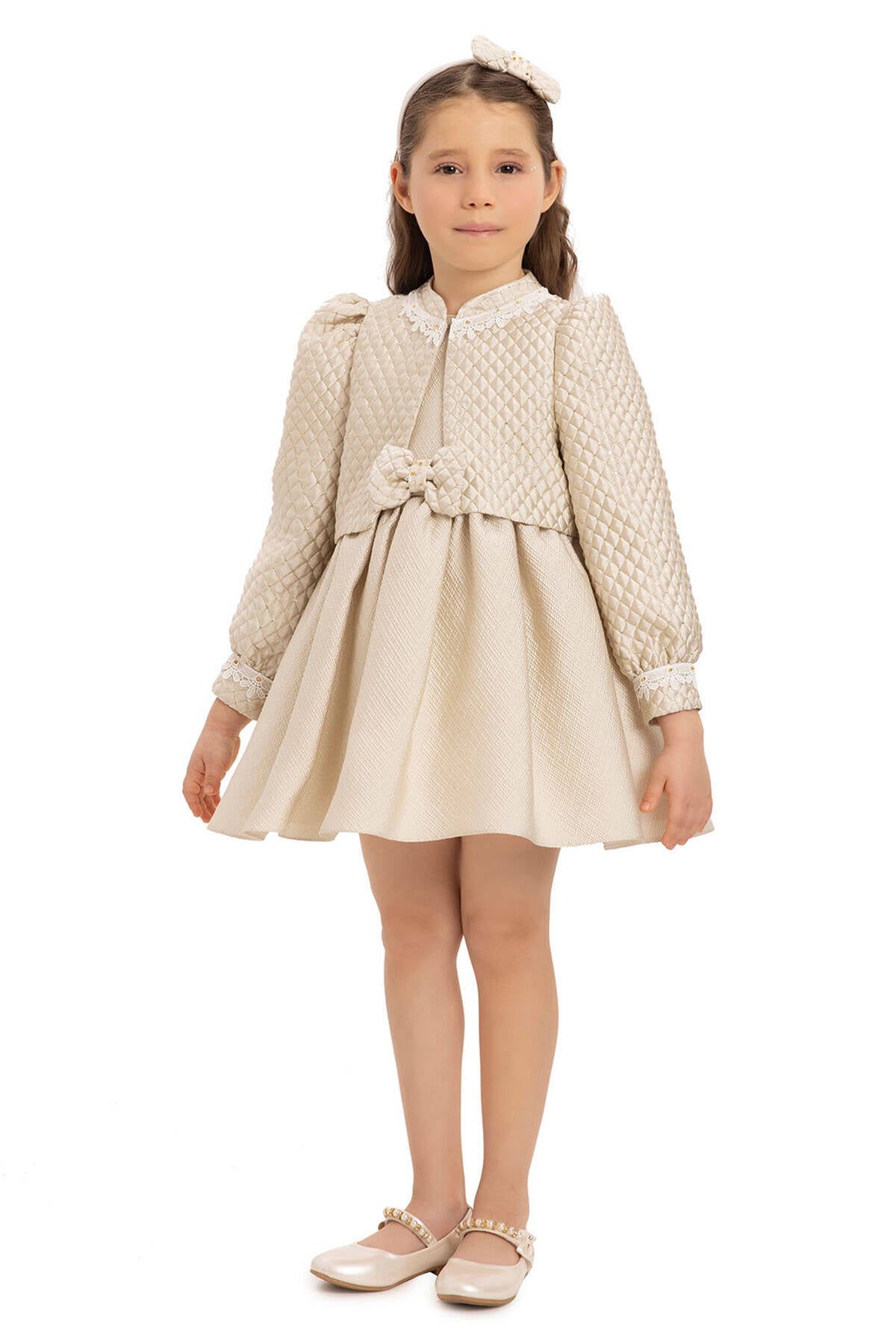 Beige Baby Dress With Jacket And Hair Accessory 6-24 Month 35399pr