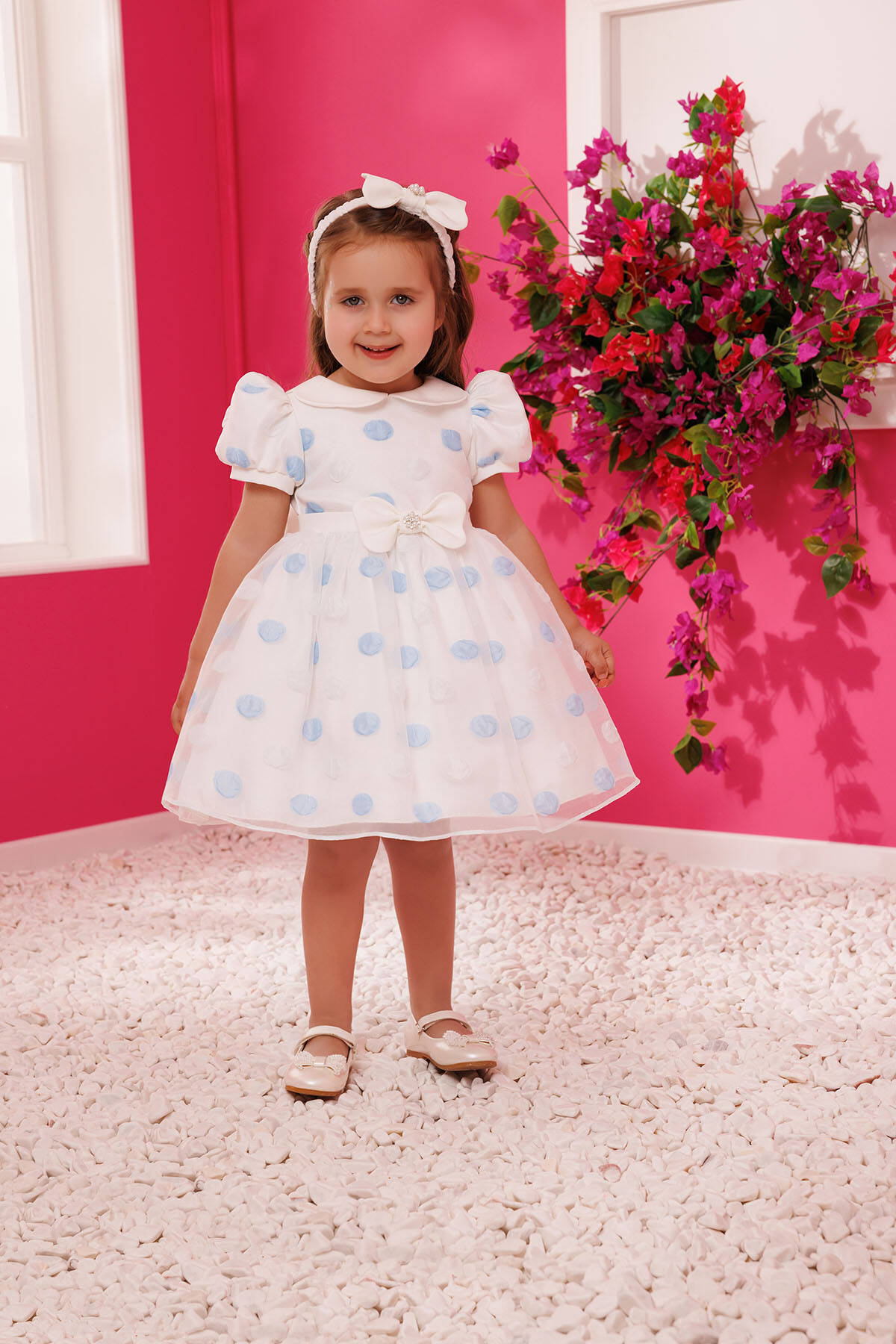 Blue Polka Dot Baby Dress With Hair Accessory 6-24 Month 35420pr
