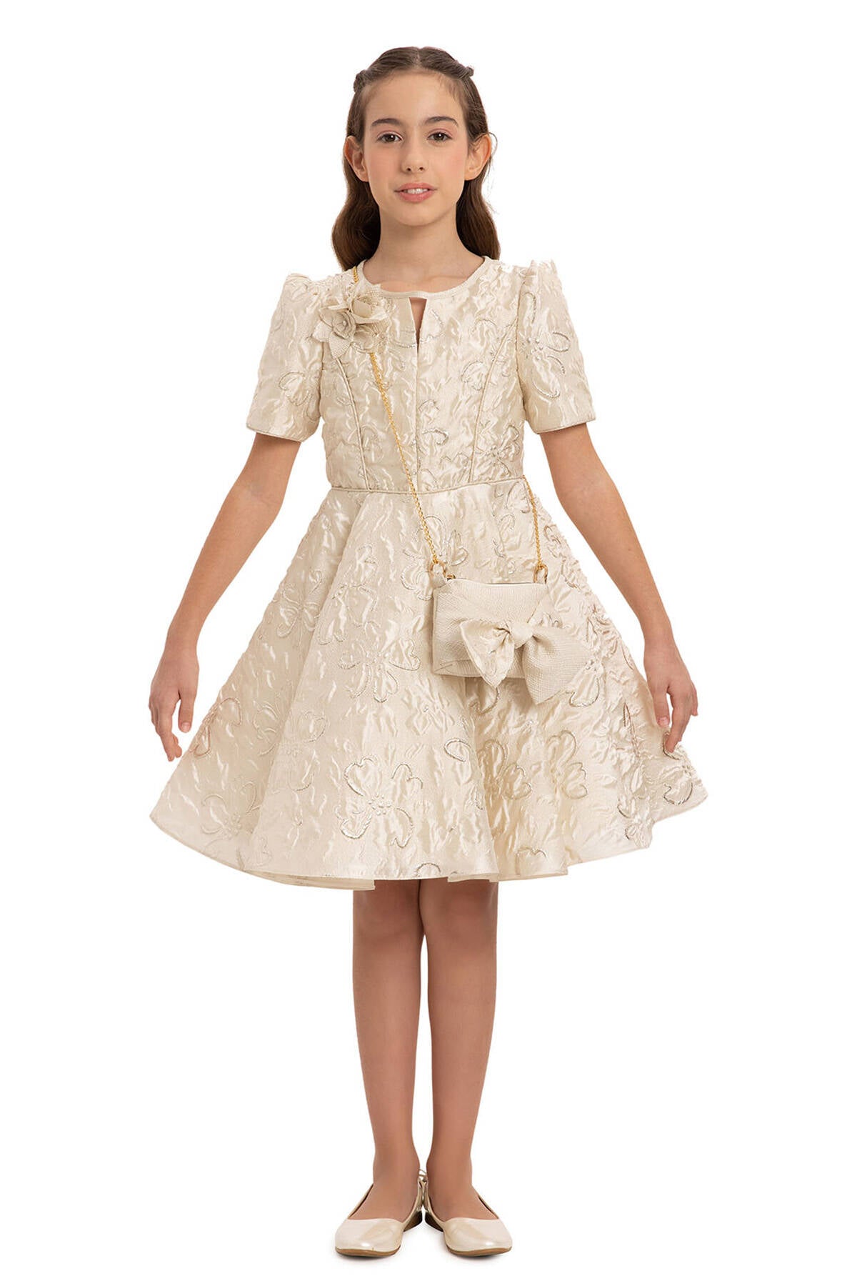 Beige Elegant Girls Dress With Matching Bag 8-14 Age 35377pr