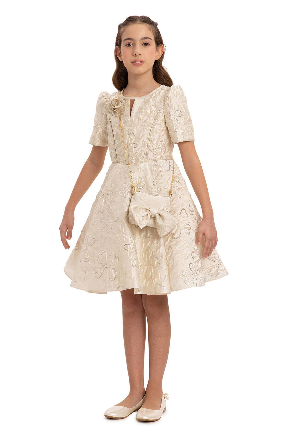 Beige Elegant Girls Dress With Matching Bag 8-14 Age 35377pr